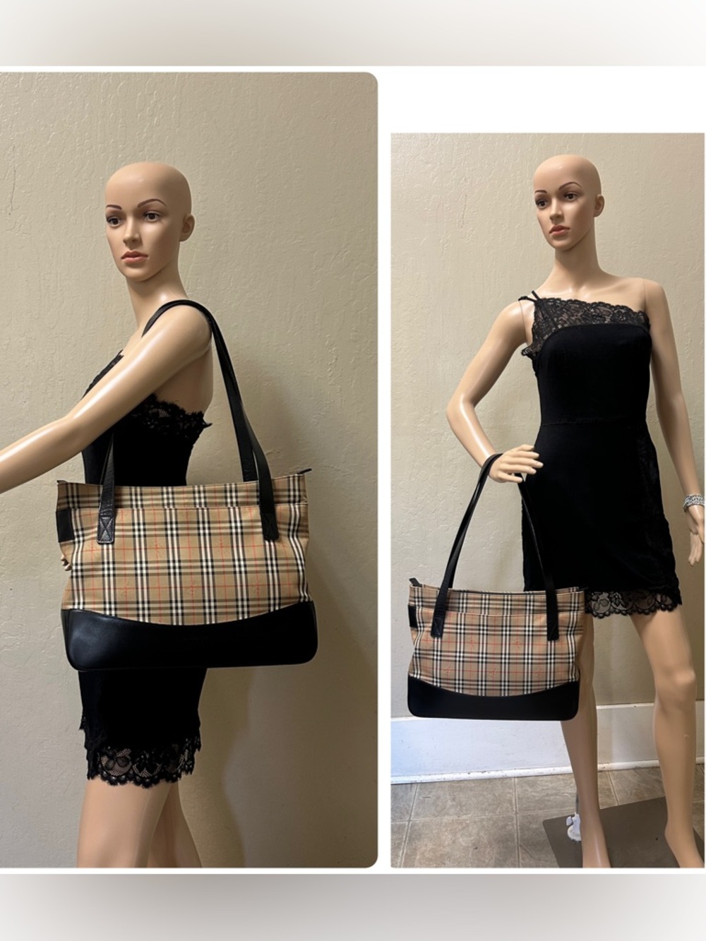 Burberry Classic Check Canvas Tote Bag with Black Leather Trim - Picture 15 of 15